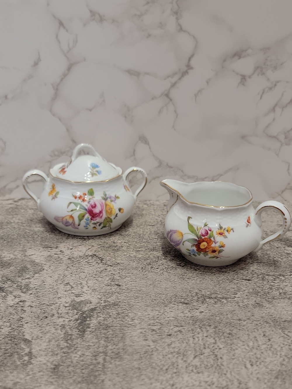 Vintage Czechoslovakia Floral Creamer and Sugar Set with Gold Trim